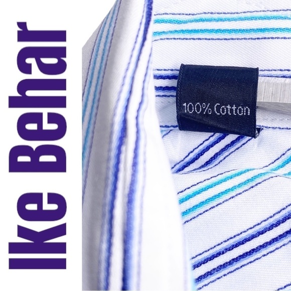 IKE BEHAR 100% Cotton Long Sleeve Striped Button Up Dress Shirt, Size 17 - Picture 6 of 10